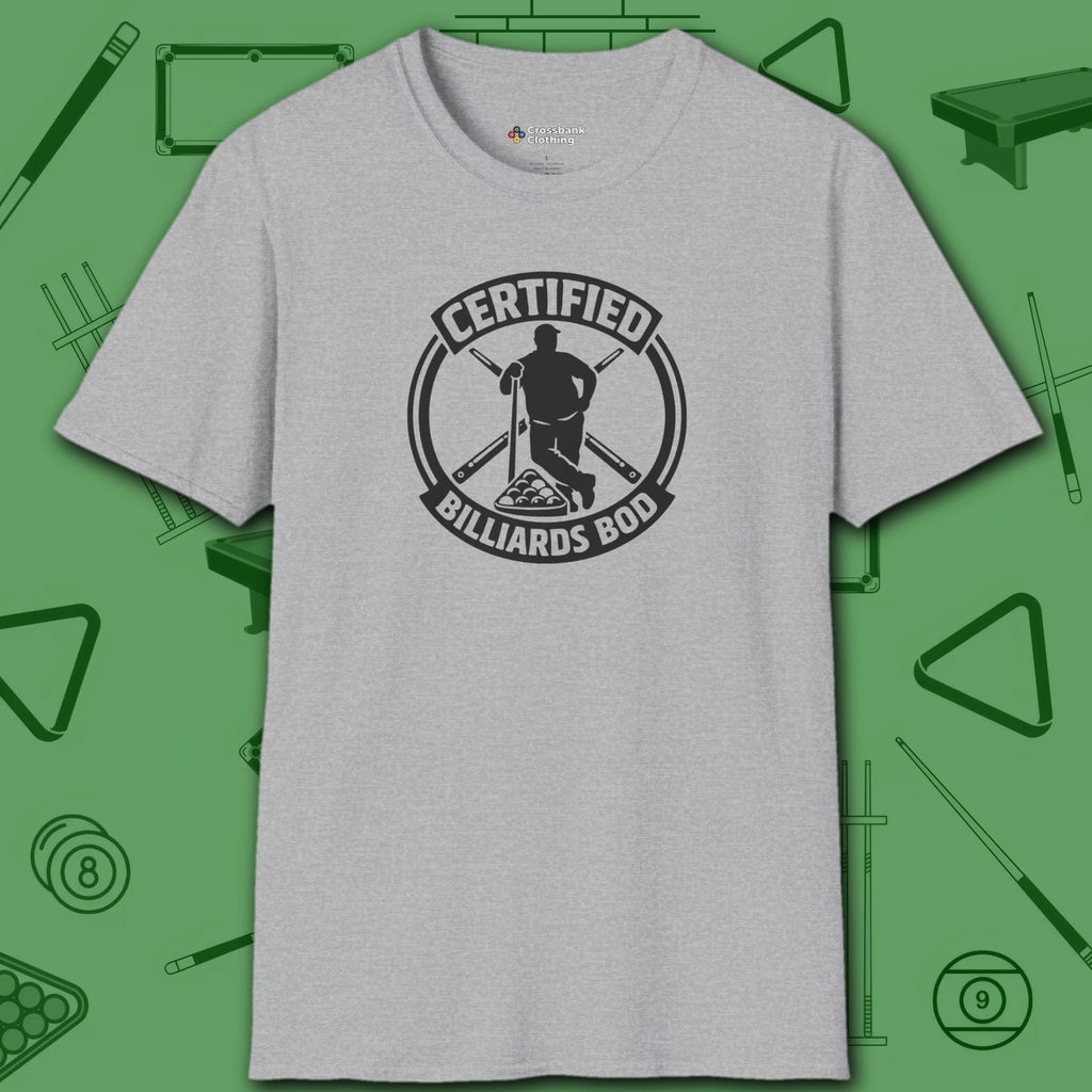 Certified Billiards Bod T-Shirt, in Sport Grey color, pool shirt, front view