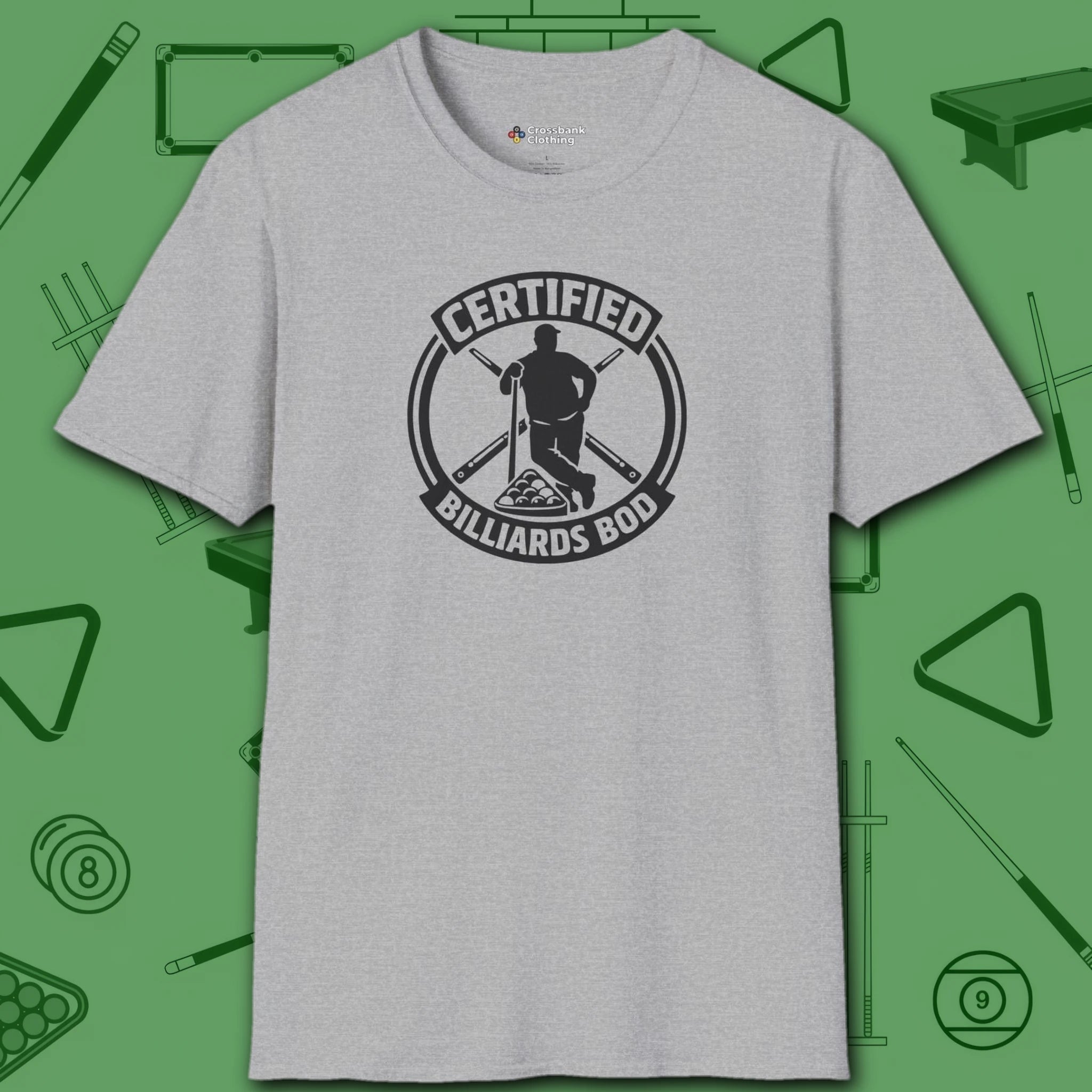 Certified Billiards Bod T-Shirt, in Sport Grey color, pool shirt, front view