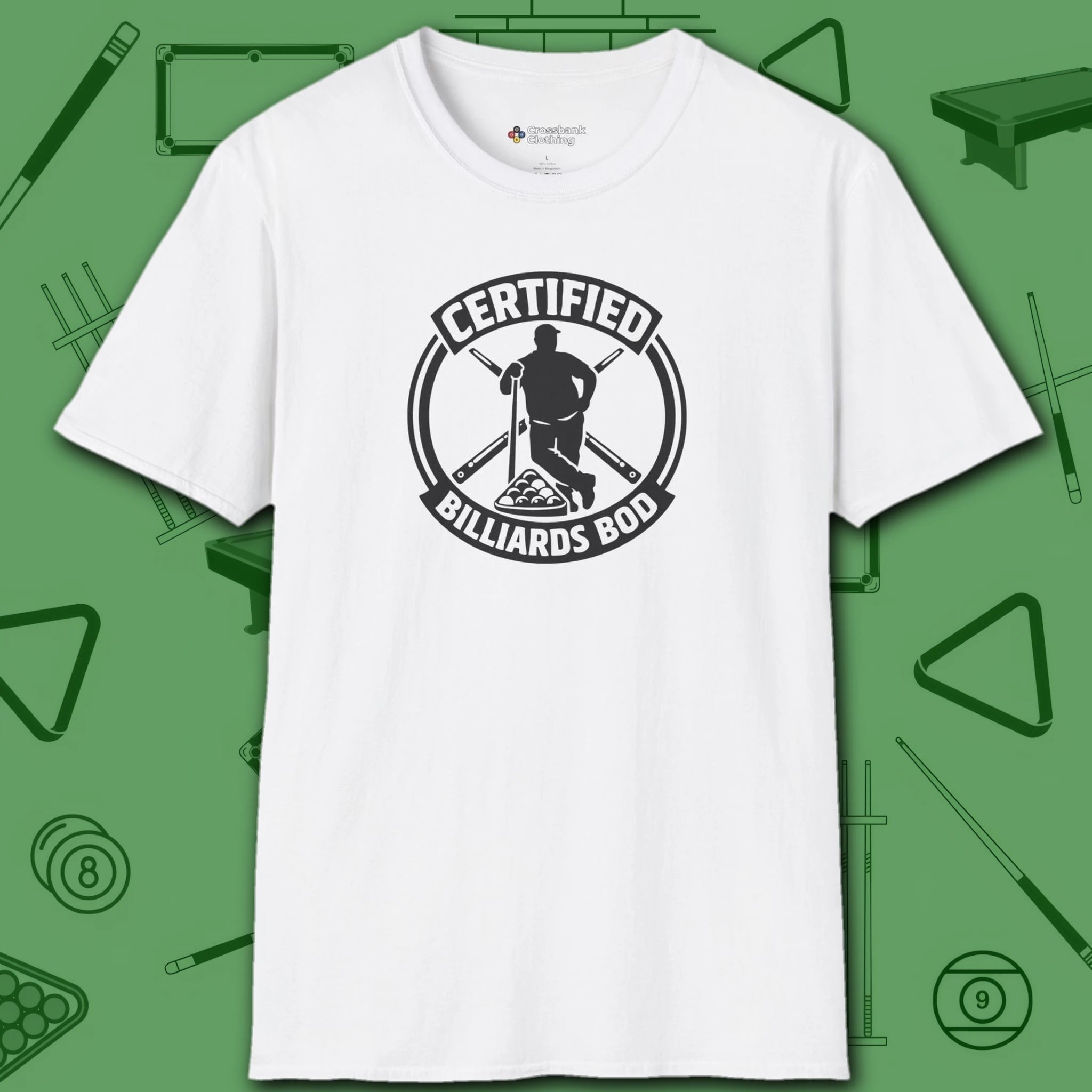 Certified Billiards Bod T-Shirt, in White color, pool shirt, front view