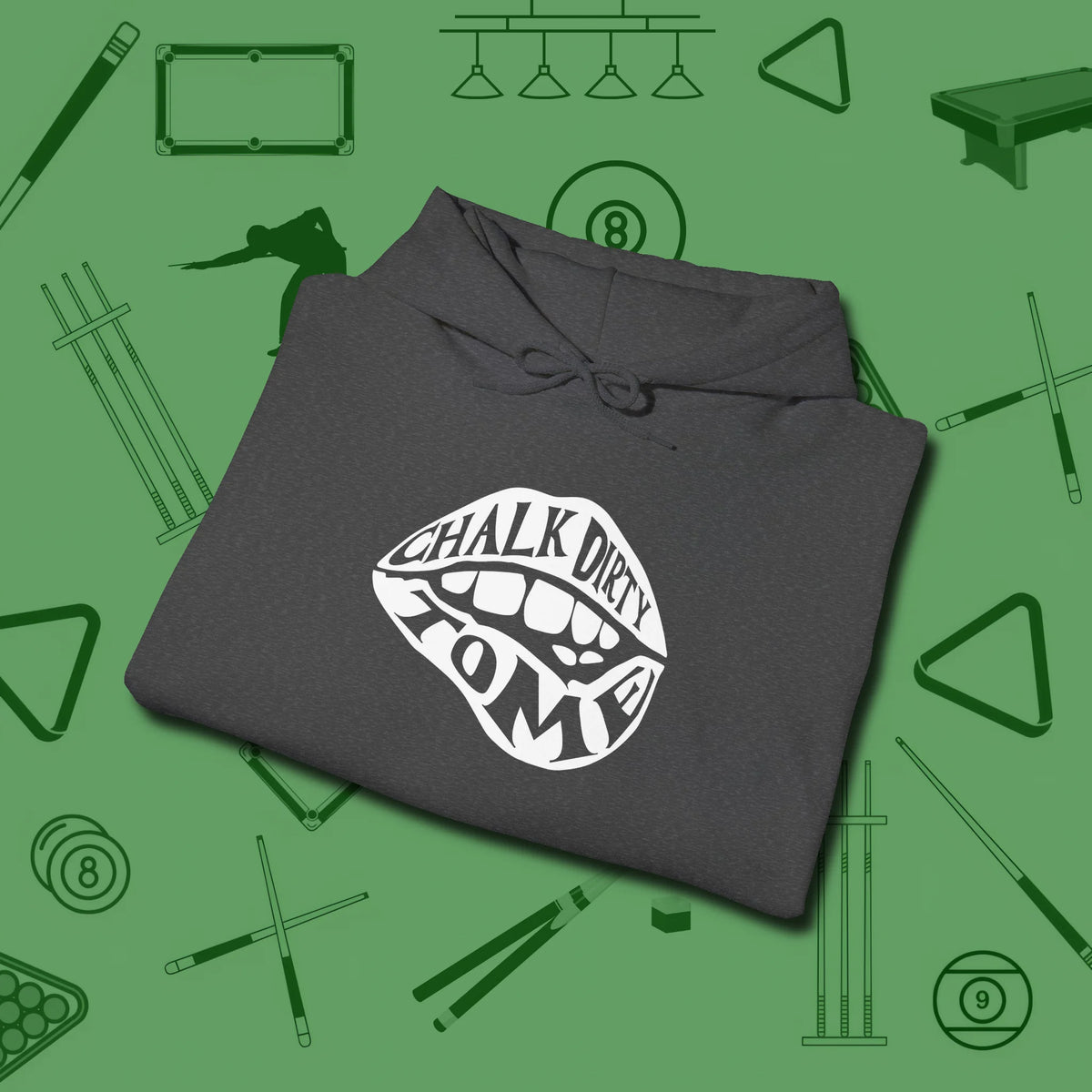 Chalk Dirty to Me Hoodie, folded view, in Dark Heather perfect for players with quiet fire