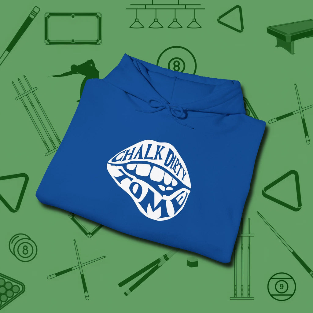 Chalk Dirty to Me Hoodie, folded view, in Royal tough like your favorite break cue