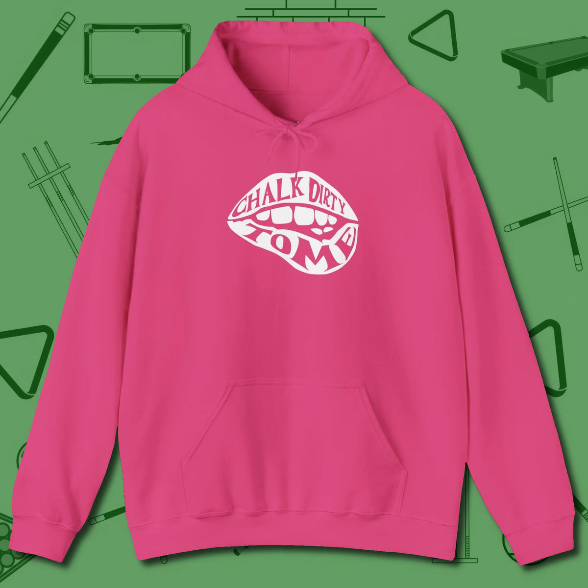 Chalk Dirty to Me Hoodie, front view, in Heliconia where style and cue discipline collide