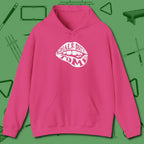 Chalk Dirty to Me Hoodie, front view, in Heliconia where style and cue discipline collide