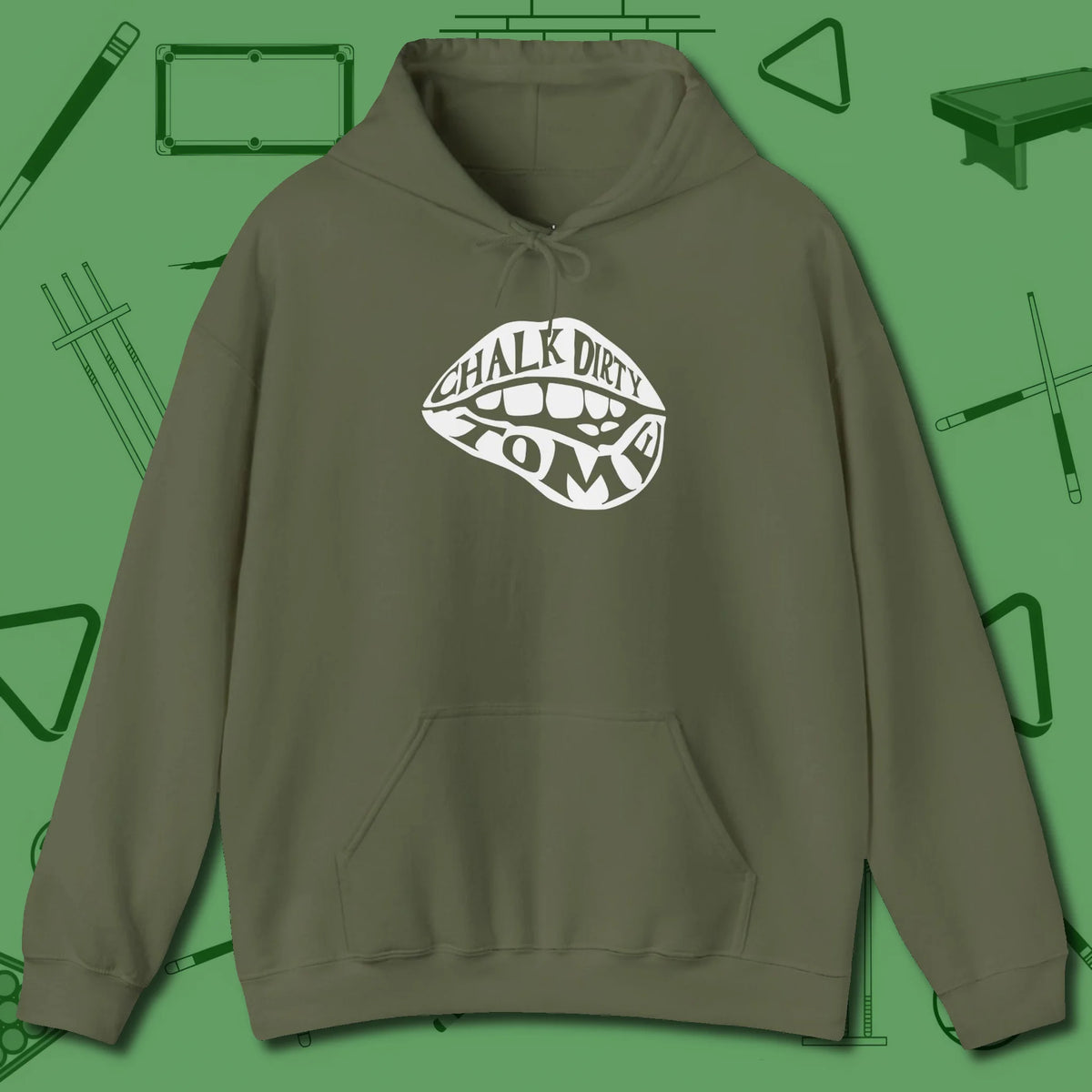 Chalk Dirty to Me Hoodie, front view, in Military Green because pool isn’t just a game — it’s who you are