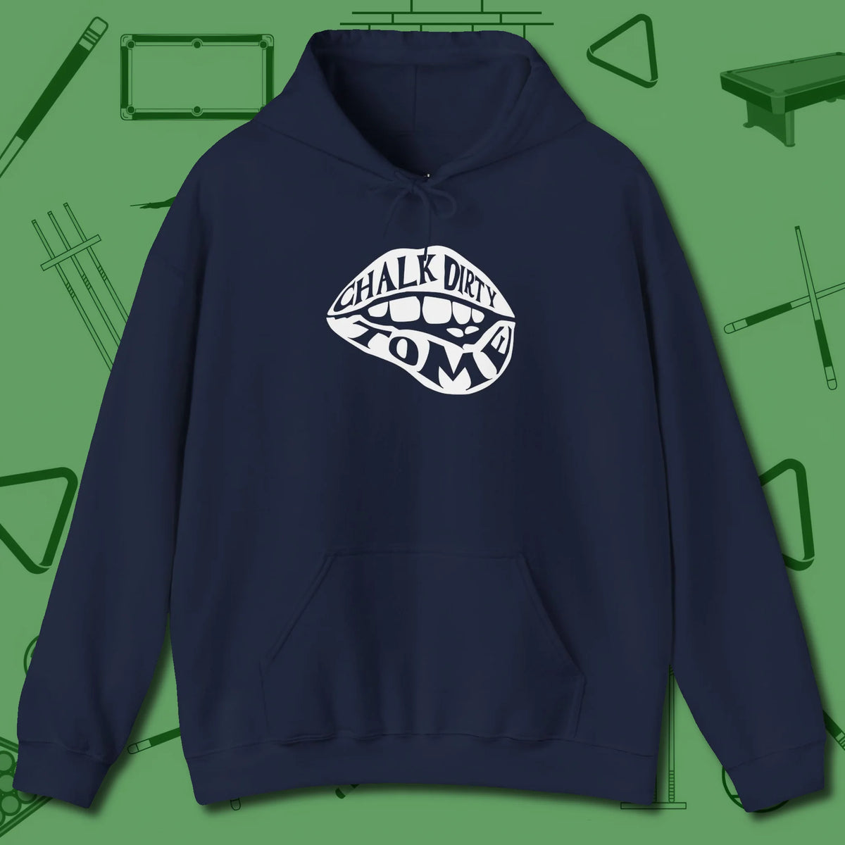 Chalk Dirty to Me Hoodie, front view, in Navy cool under pressure, hot on the eyes