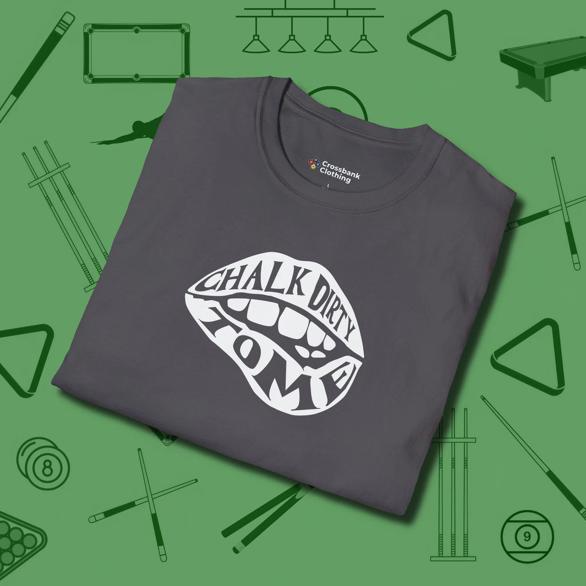 Chalk Dirty to Me T-Shirt, folded view, in Charcoal designed for dead stroke and deadpan looks