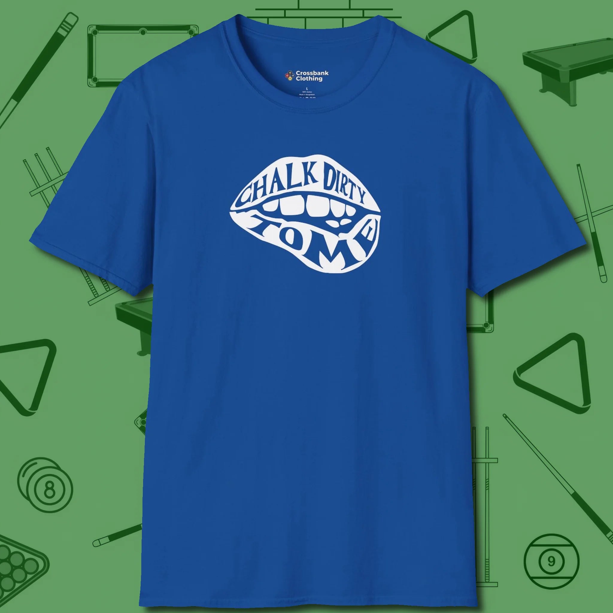 Chalk Dirty to Me T-Shirt, front view, in Royal the shirt that plays position