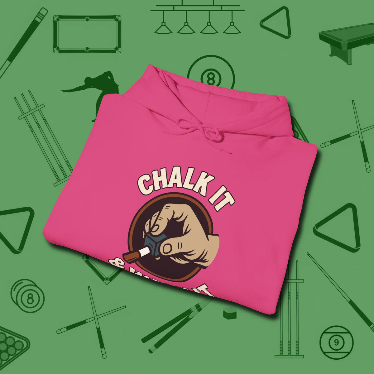 Chalk It & Walk It Billiards Hoodie, folded view, in Heliconia table-tested, street-approved style