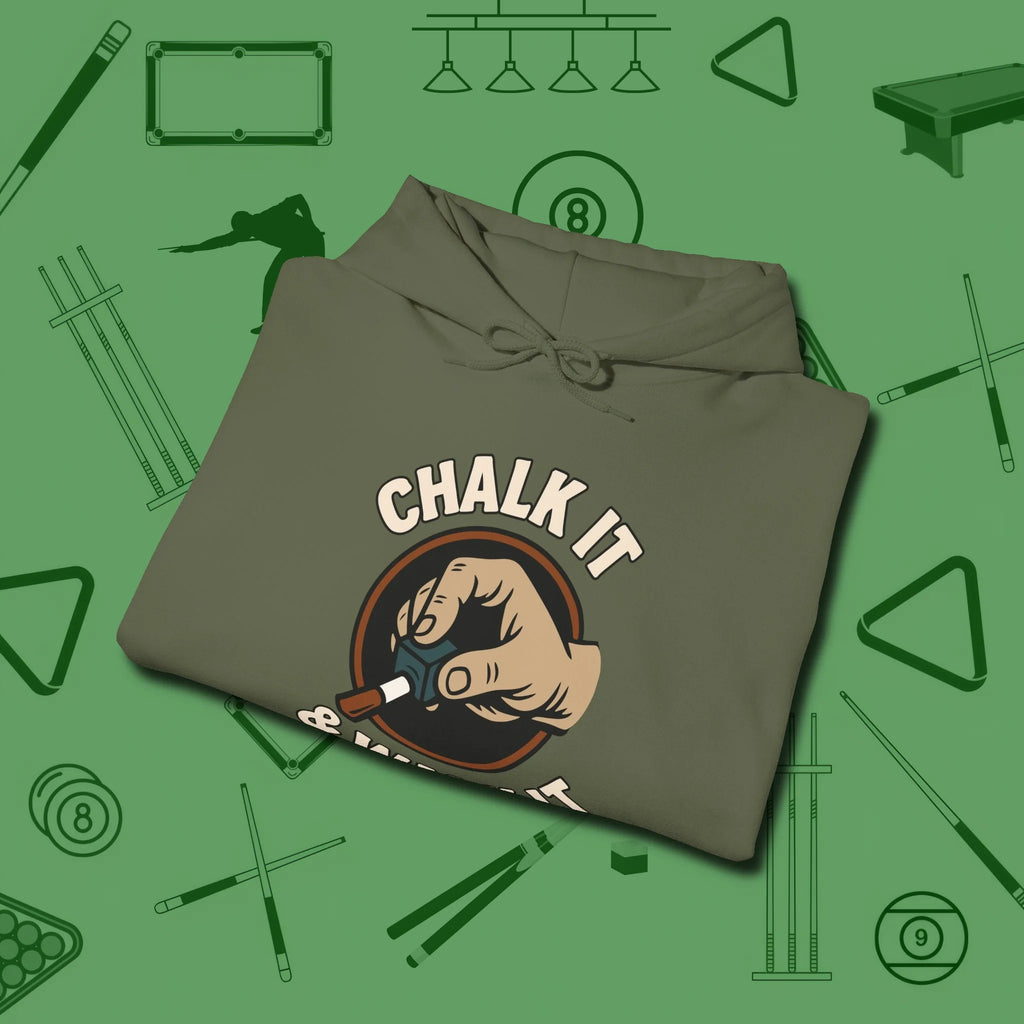 Chalk It & Walk It Billiards Hoodie, folded view, in Military Green style that banks as hard as you do