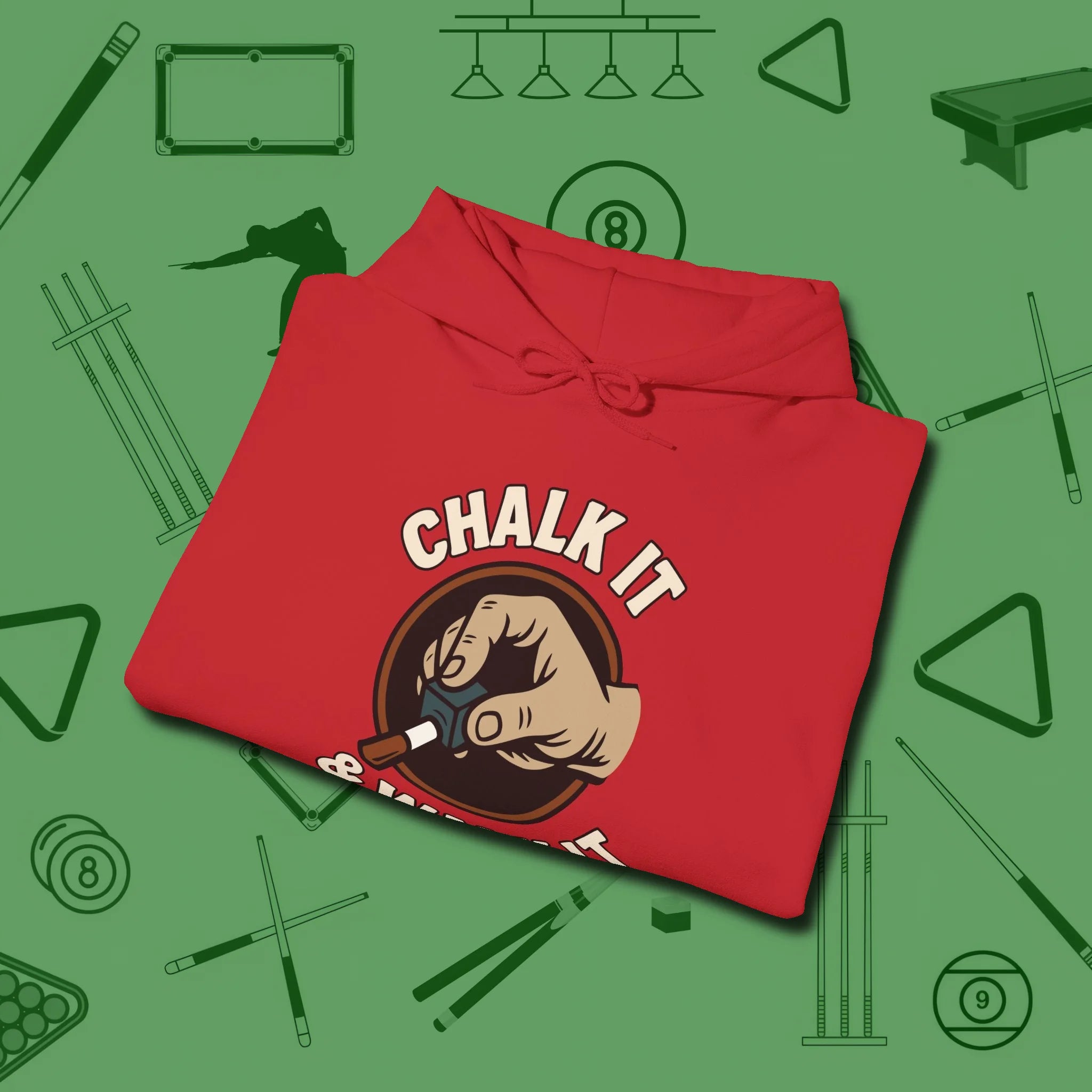 Chalk It & Walk It Billiards Hoodie, folded view, in Red make every shot — and outfit — count