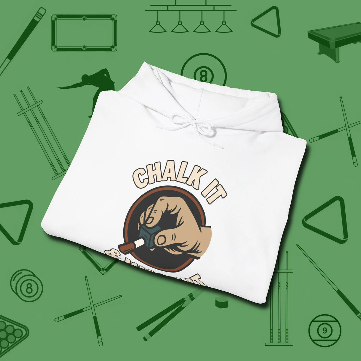 Chalk It & Walk It Billiards Hoodie, folded view, in White what champions wear between racks