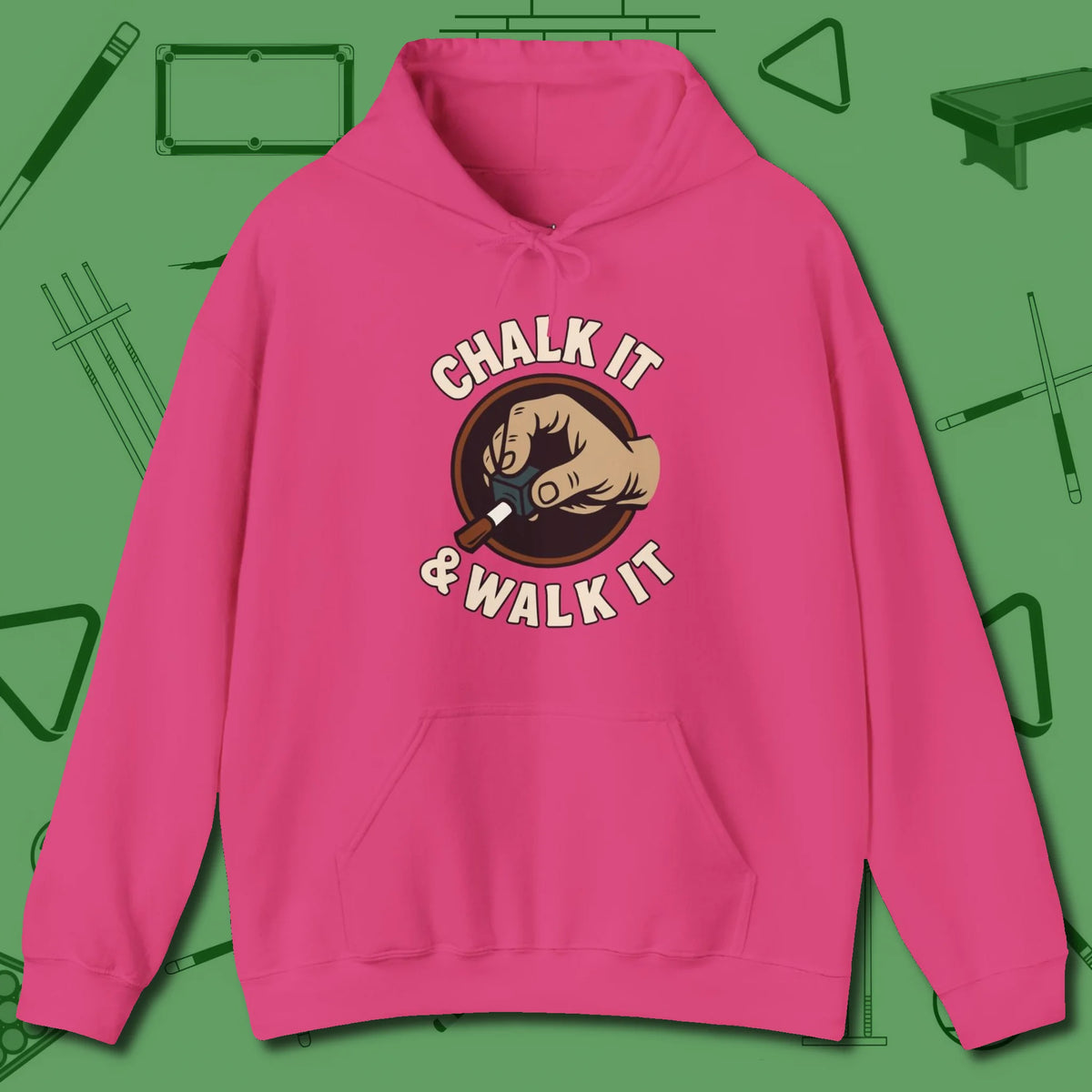 Chalk It & Walk It Billiards Hoodie, front view, in Heliconia precise, confident, always in control