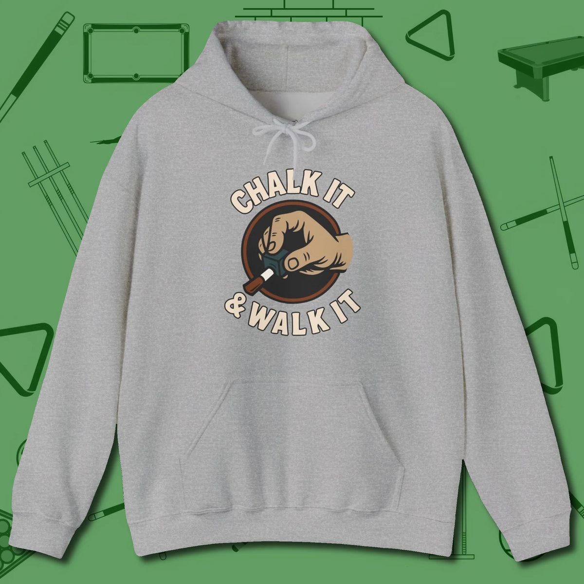 Chalk It & Walk It Billiards Hoodie, front view, in Sport Grey built for bold breaks and quiet confidence