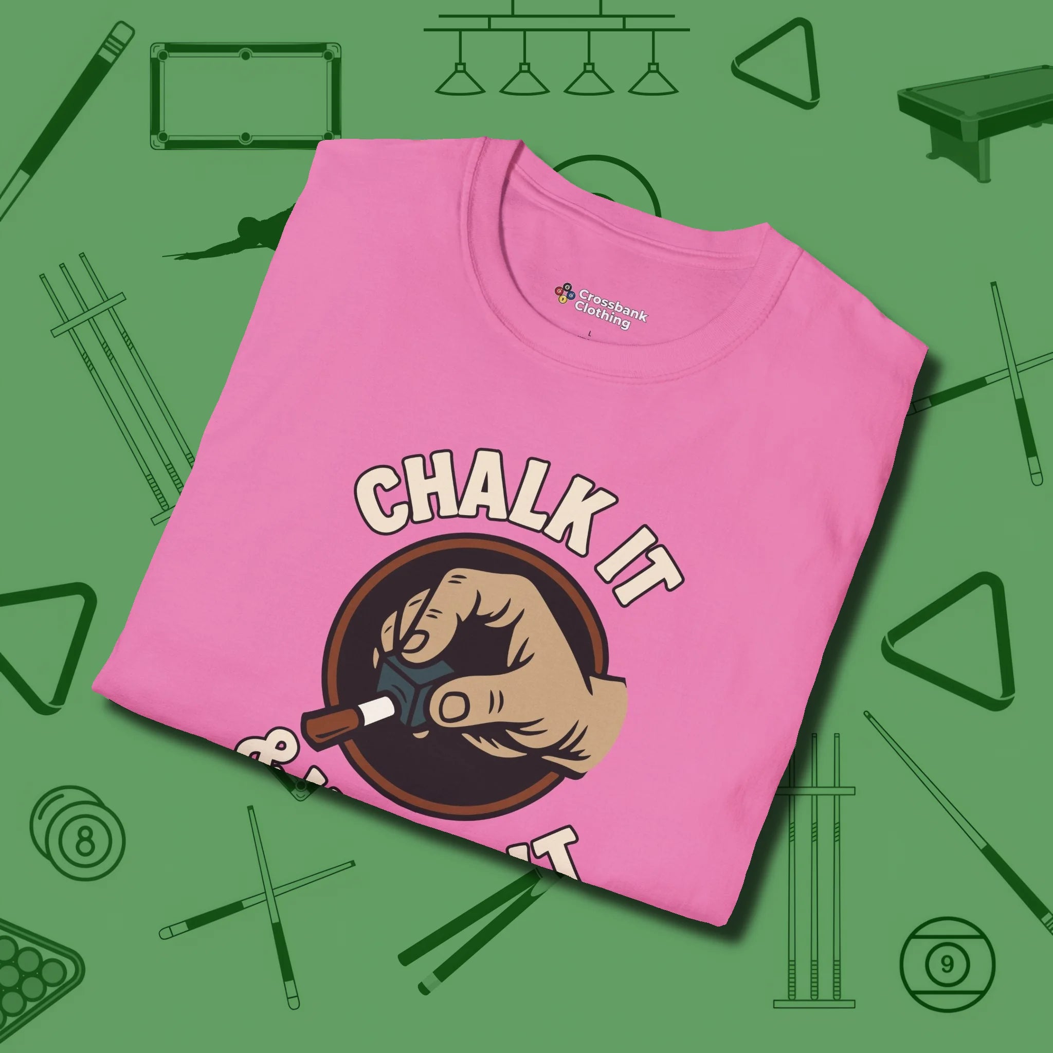 Chalk It & Walk It Billiards T-Shirt, folded view, in Azalea for shooters who dress like they play: sharp