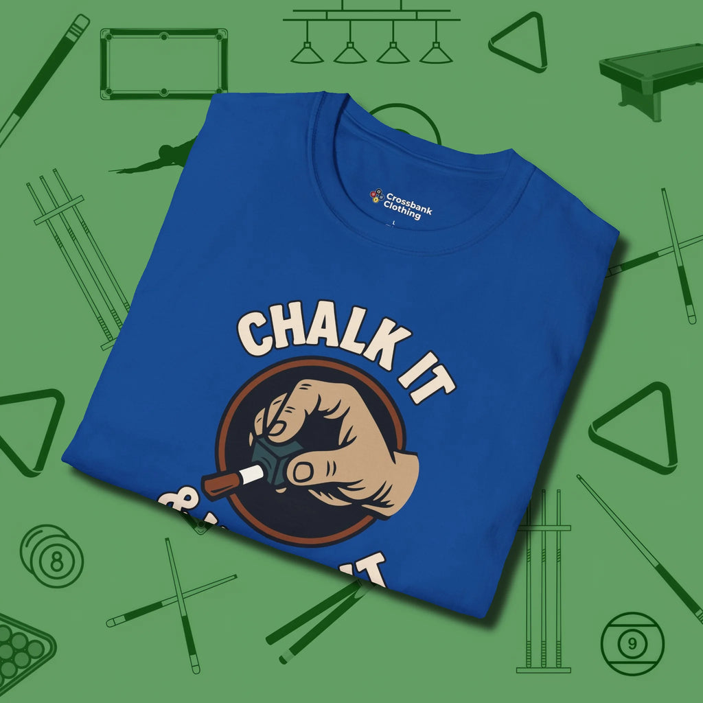 Chalk It & Walk It Billiards T-Shirt, folded view, in Royal strike fear with swagger and precision