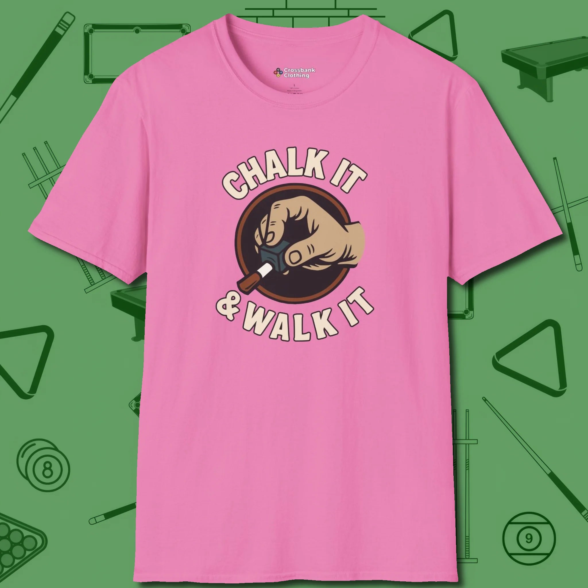 Chalk It & Walk It Billiards T-Shirt, front view, in Azalea strike fear with swagger and precision