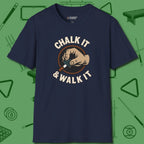 Chalk It & Walk It Billiards T-Shirt, front view, in Navy style that banks as hard as you do