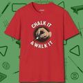 Chalk It & Walk It Billiards T-Shirt, front view, in Red cool enough for a corner pocket finish