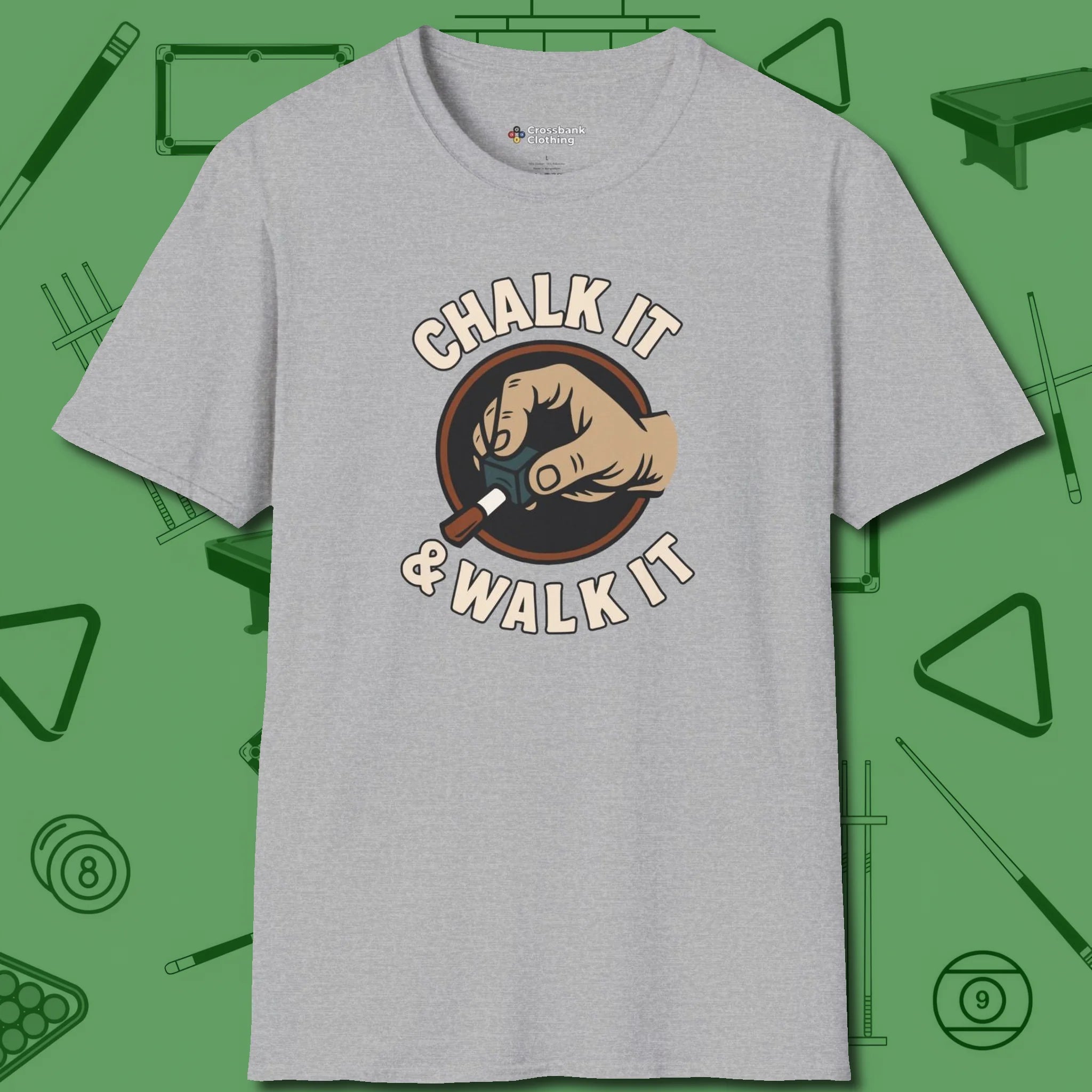 Chalk It & Walk It Billiards T-Shirt, front view, in Sport Grey your go-to shirt for league night victories