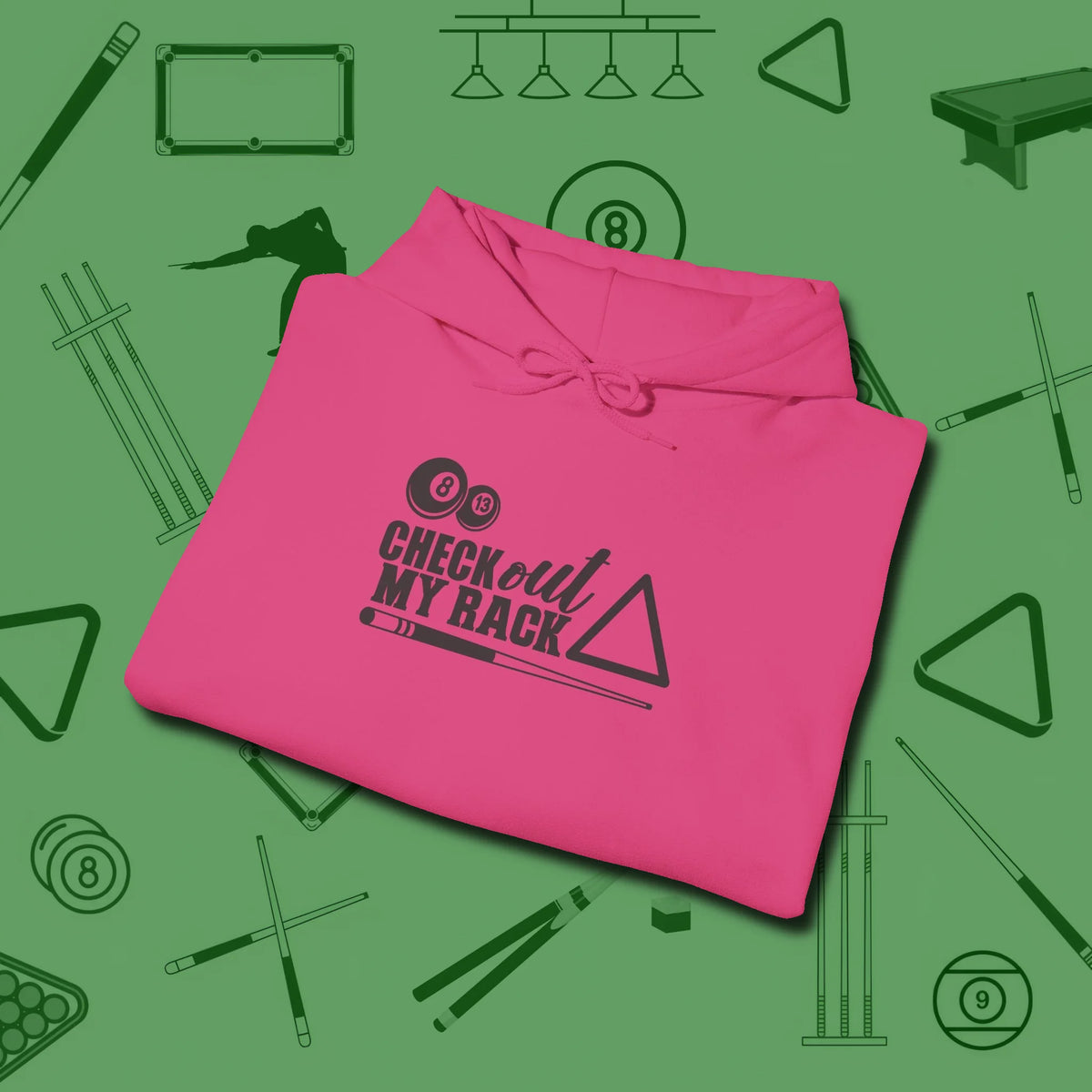 Check Out My Rack Hoodie, folded view, in Heliconia from chalk to clutch, look the part