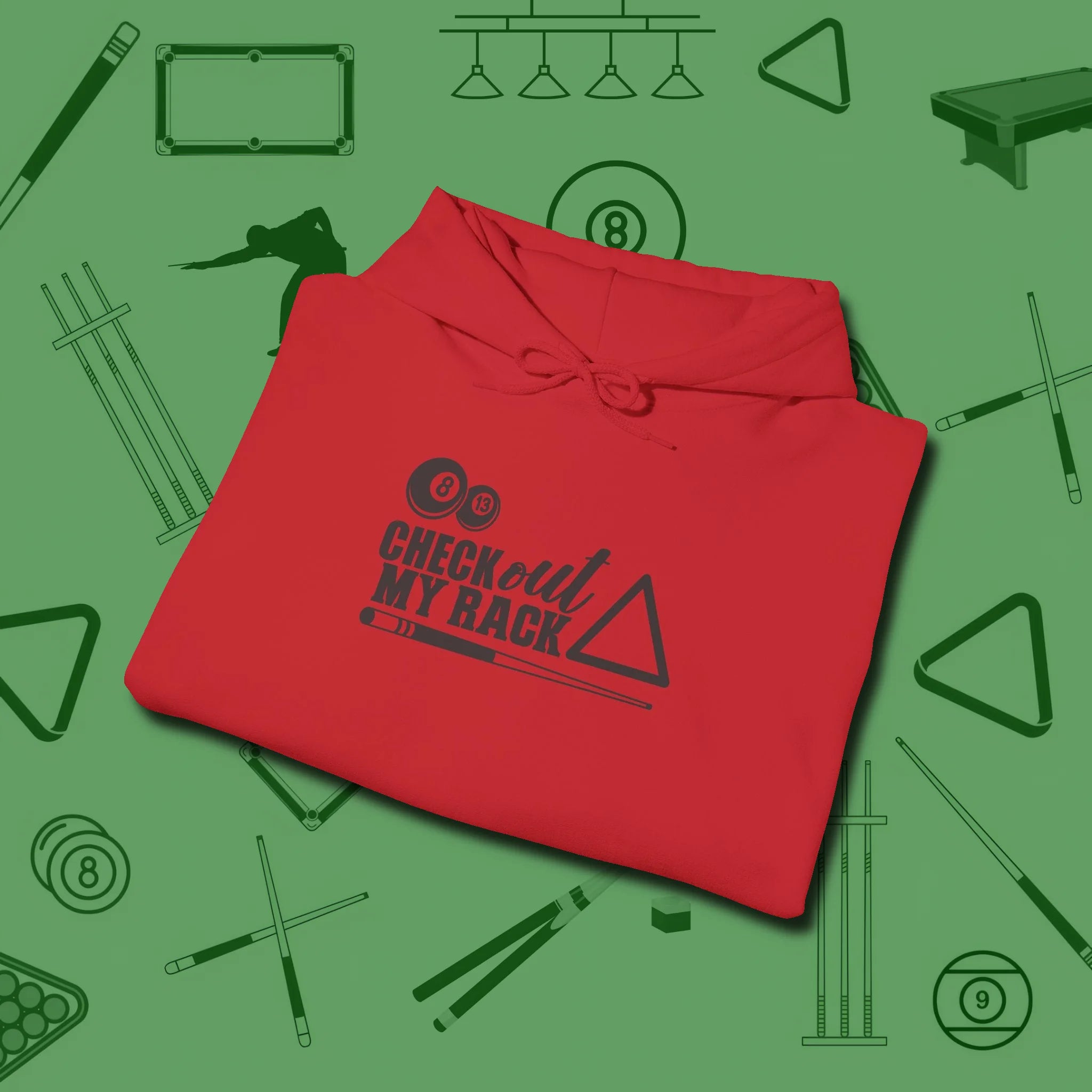 Check Out My Rack Hoodie, folded view, in Red classic cue style, no gimmicks