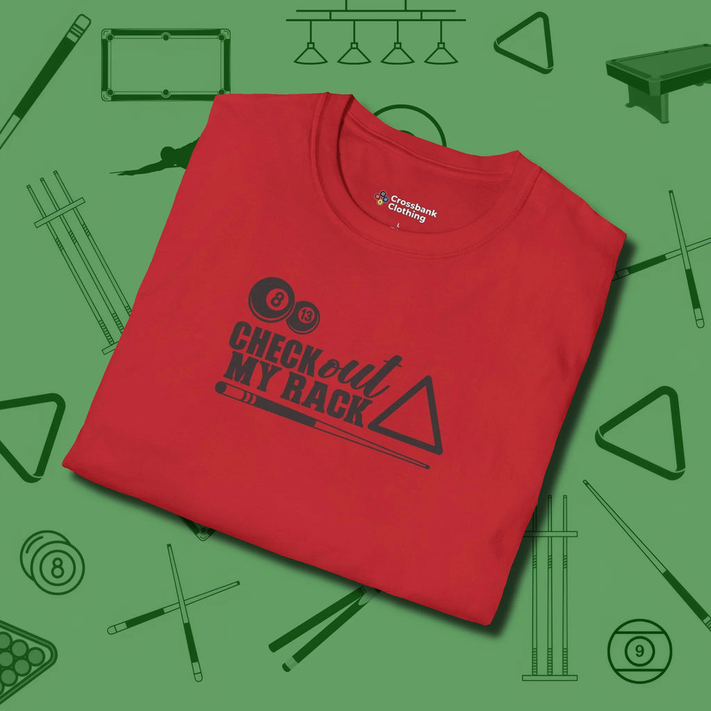 Check Out My Rack T-Shirt, folded view, in Red helps your stroke and your style