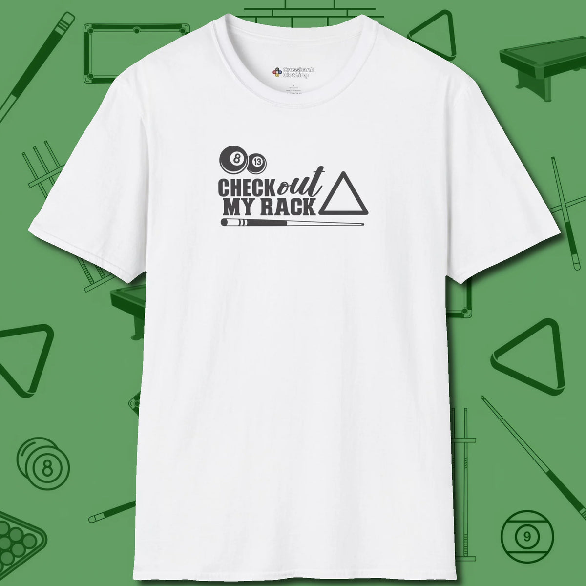 Check Out My Rack T-Shirt, front view, in White smart apparel for strategic players