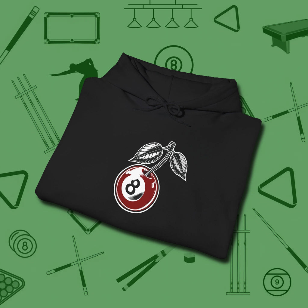 Cherry Eight Ball Hoodie, folded view, in Black classic cue style, no gimmicks
