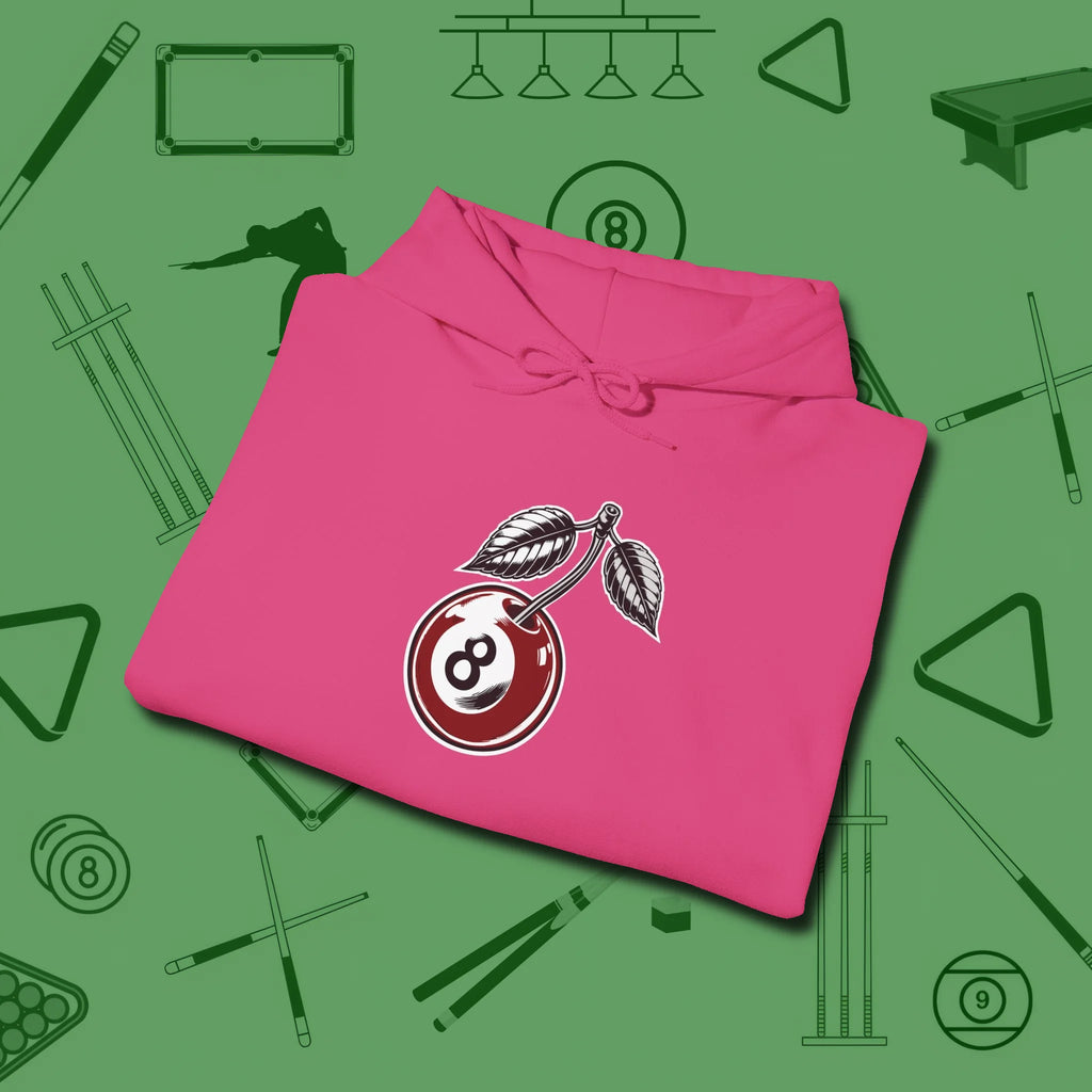 Cherry Eight Ball Hoodie, folded view, in Heliconia because the table is your battlefield