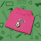 Cherry Eight Ball Hoodie, folded view, in Heliconia because the table is your battlefield
