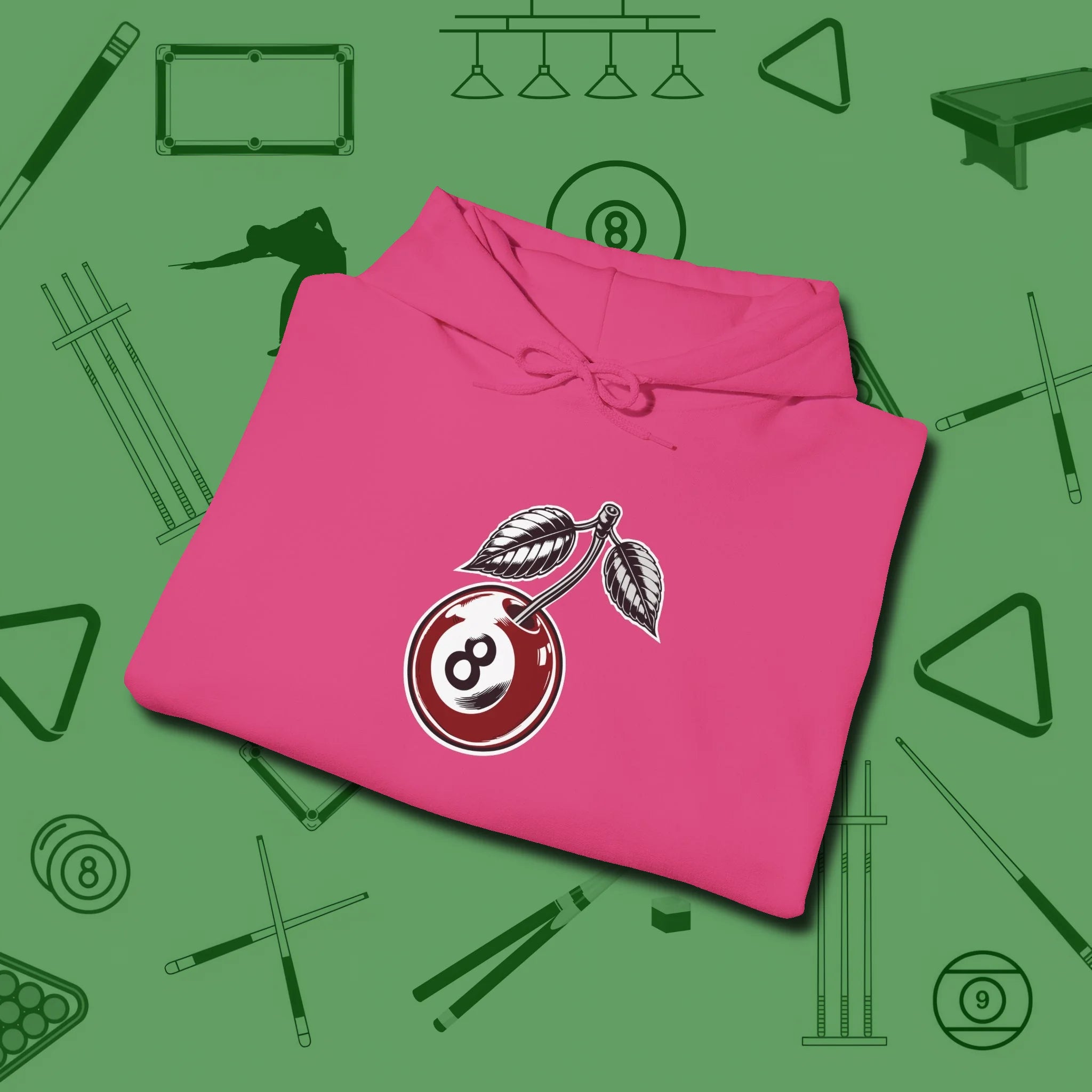 Cherry Eight Ball Hoodie, folded view, in Heliconia because the table is your battlefield