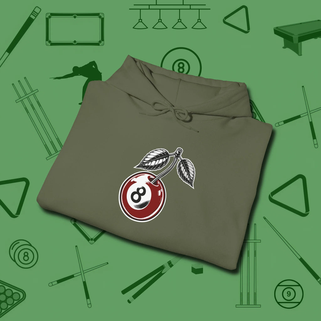 Cherry Eight Ball Hoodie, folded view, in Military Green stitched for cue discipline and cool confidence