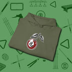 Cherry Eight Ball Hoodie, folded view, in Military Green stitched for cue discipline and cool confidence