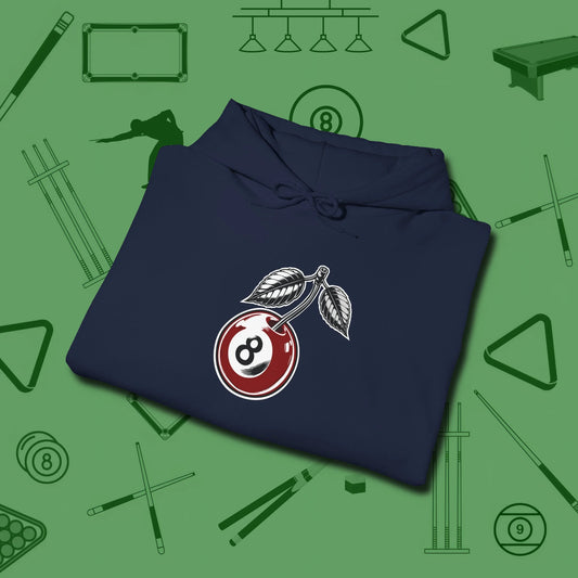 Cherry Eight Ball Hoodie, folded view, in Navy attitude built for the long haul