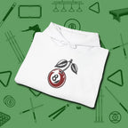 Cherry Eight Ball Hoodie, folded view, in White cue up respect every time you wear it