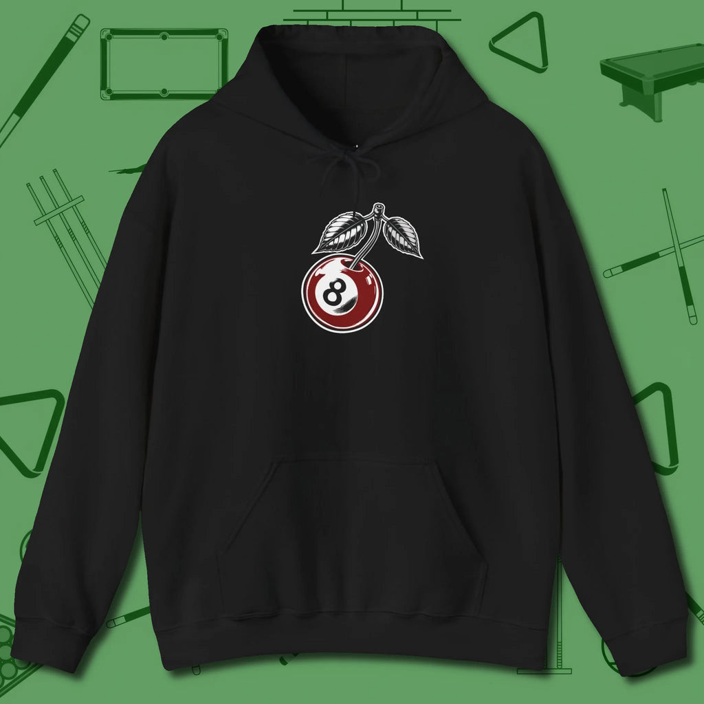 Cherry Eight Ball Hoodie, front view, in Black for shooters who dress like they play: sharp