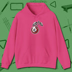 Cherry Eight Ball Hoodie, front view, in Heliconia subtle drip for serious shooters