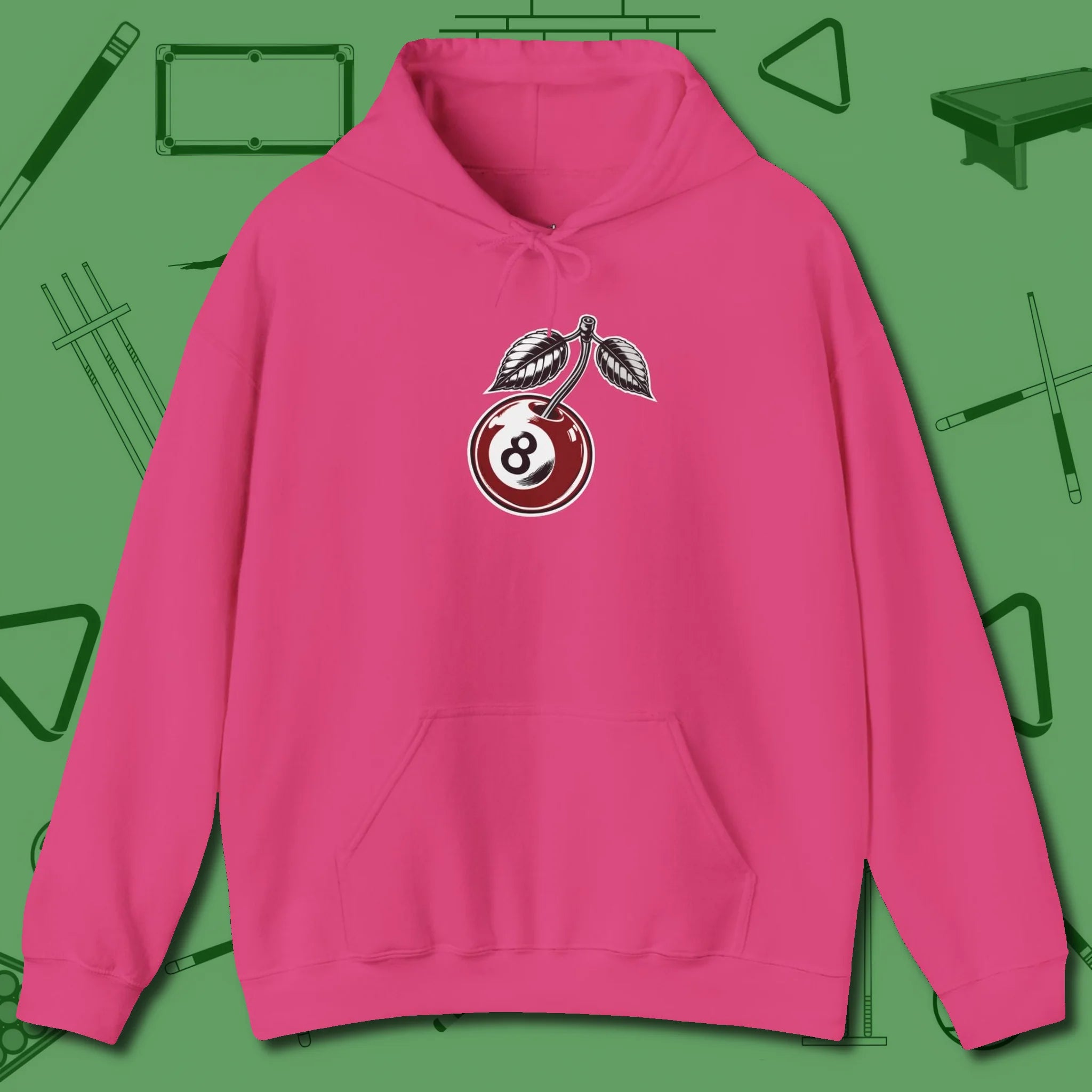 Cherry Eight Ball Hoodie, front view, in Heliconia subtle drip for serious shooters