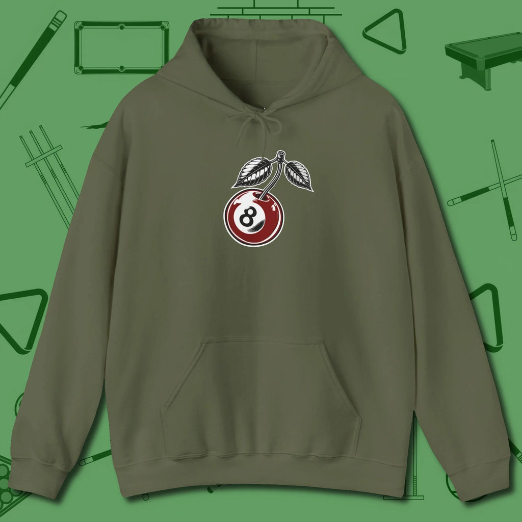 Cherry Eight Ball Hoodie, front view, in Military Green cue up respect every time you wear it