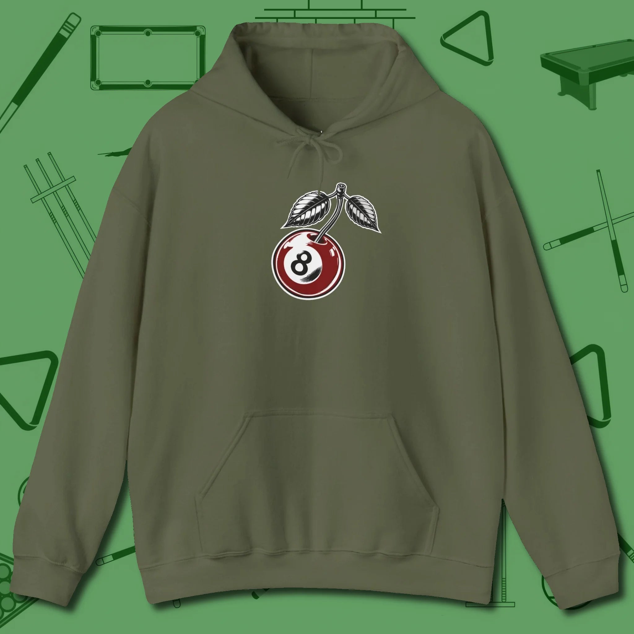 Cherry Eight Ball Hoodie, front view, in Military Green cue up respect every time you wear it