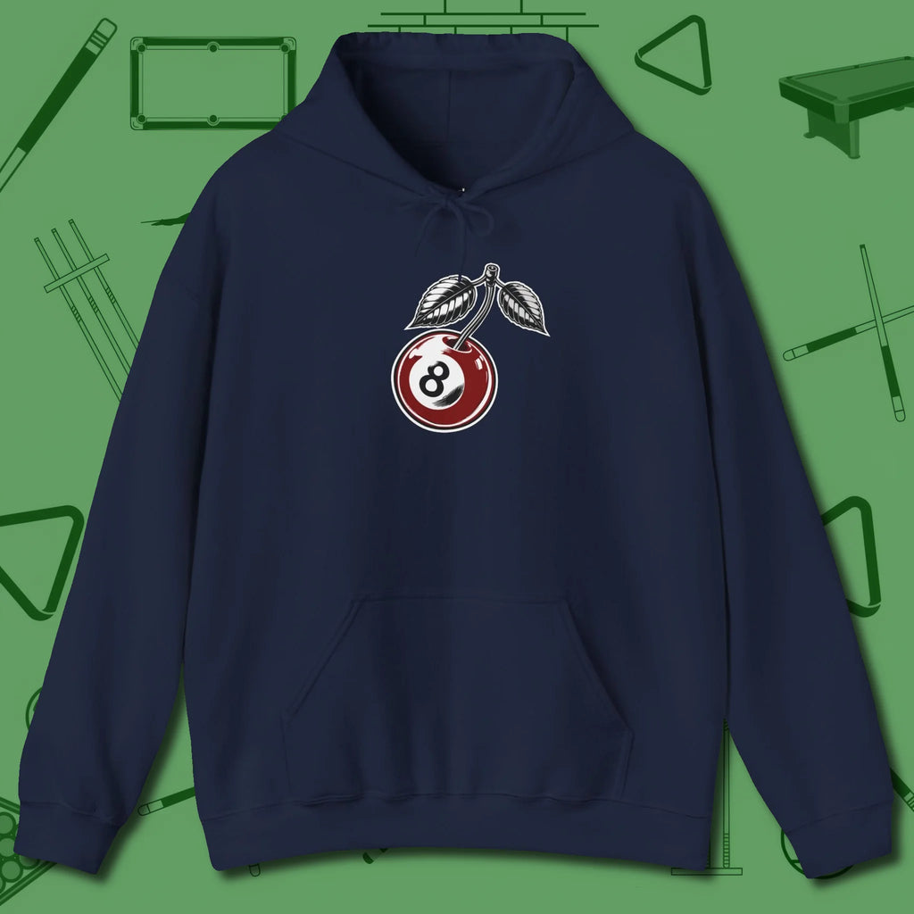 Cherry Eight Ball Hoodie, front view, in Navy because the table is your battlefield