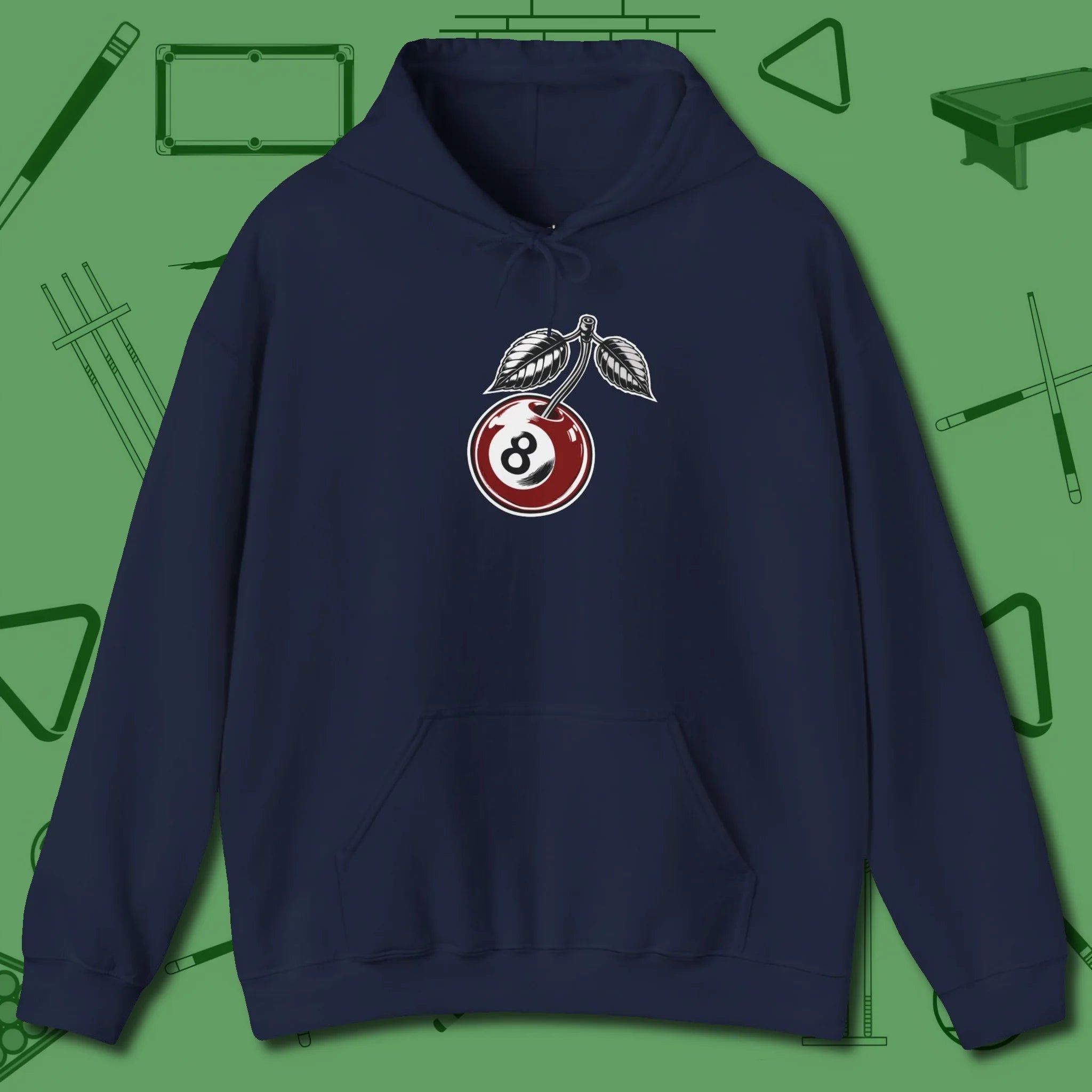 Cherry Eight Ball Hoodie, front view, in Navy because the table is your battlefield