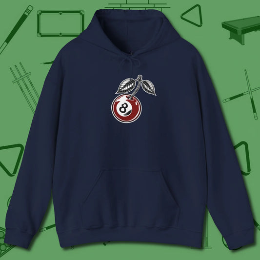 Cherry Eight Ball Hoodie, front view, in Navy because the table is your battlefield