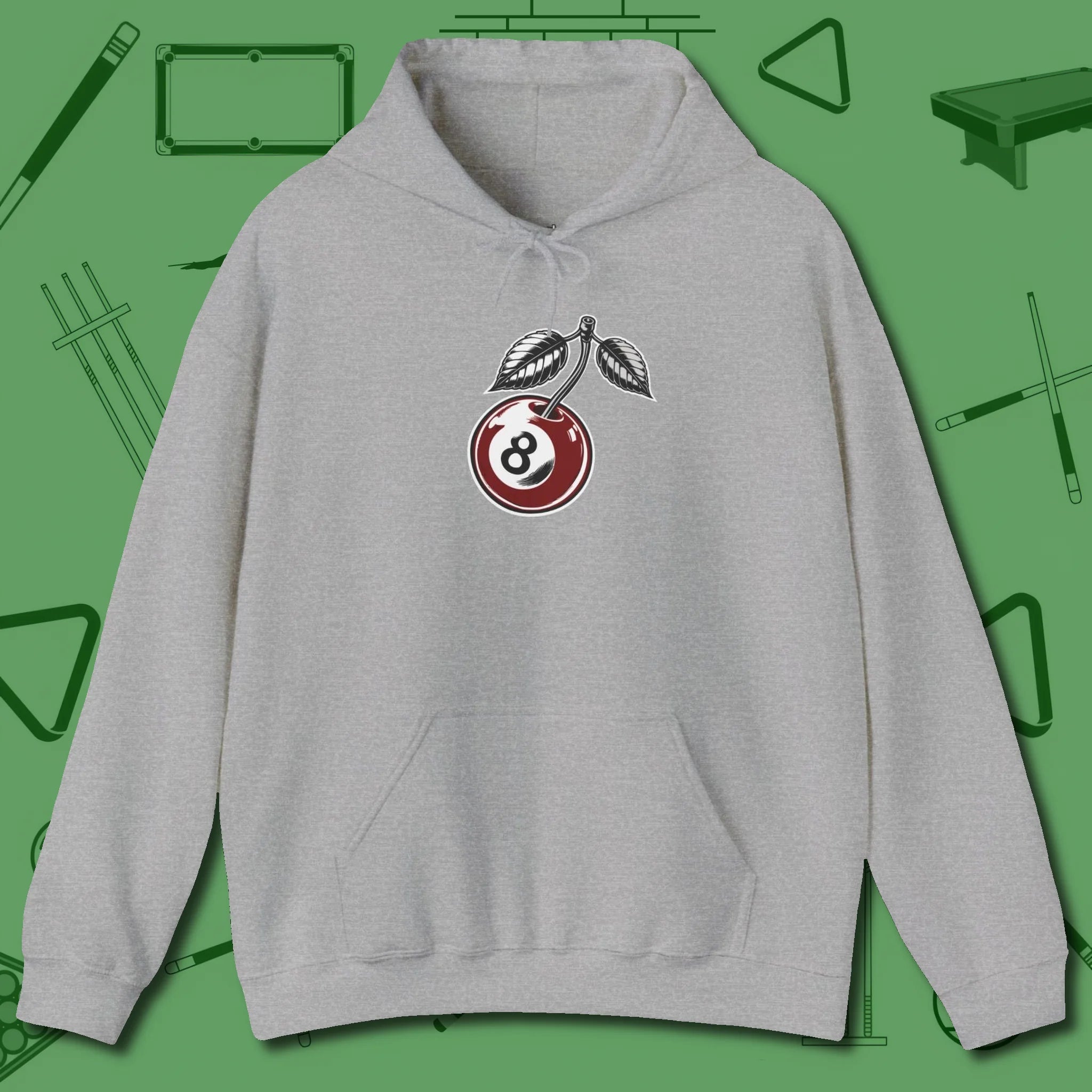 Cherry Eight Ball Hoodie, front view, in Sport Grey stitched for cue discipline and cool confidence