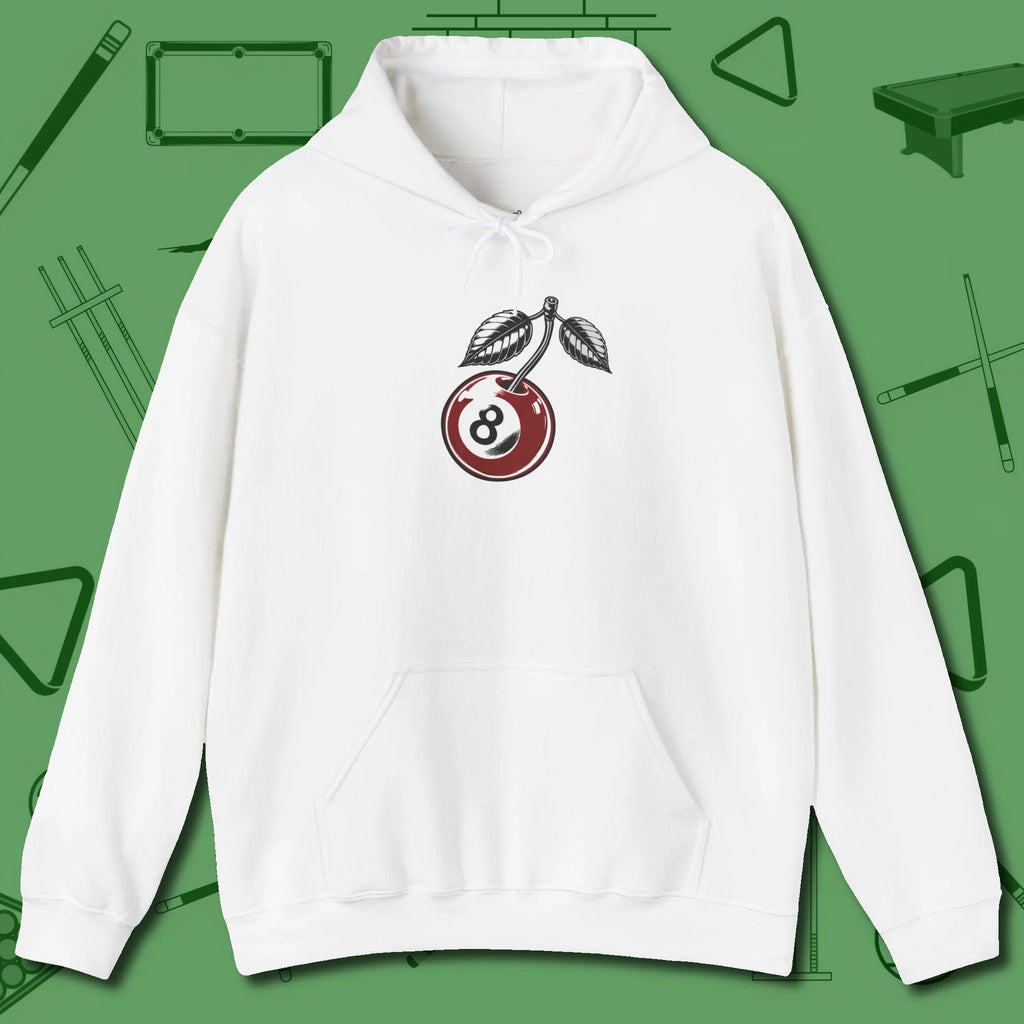 Cherry Eight Ball Hoodie, front view, in White cue sports swagger done right