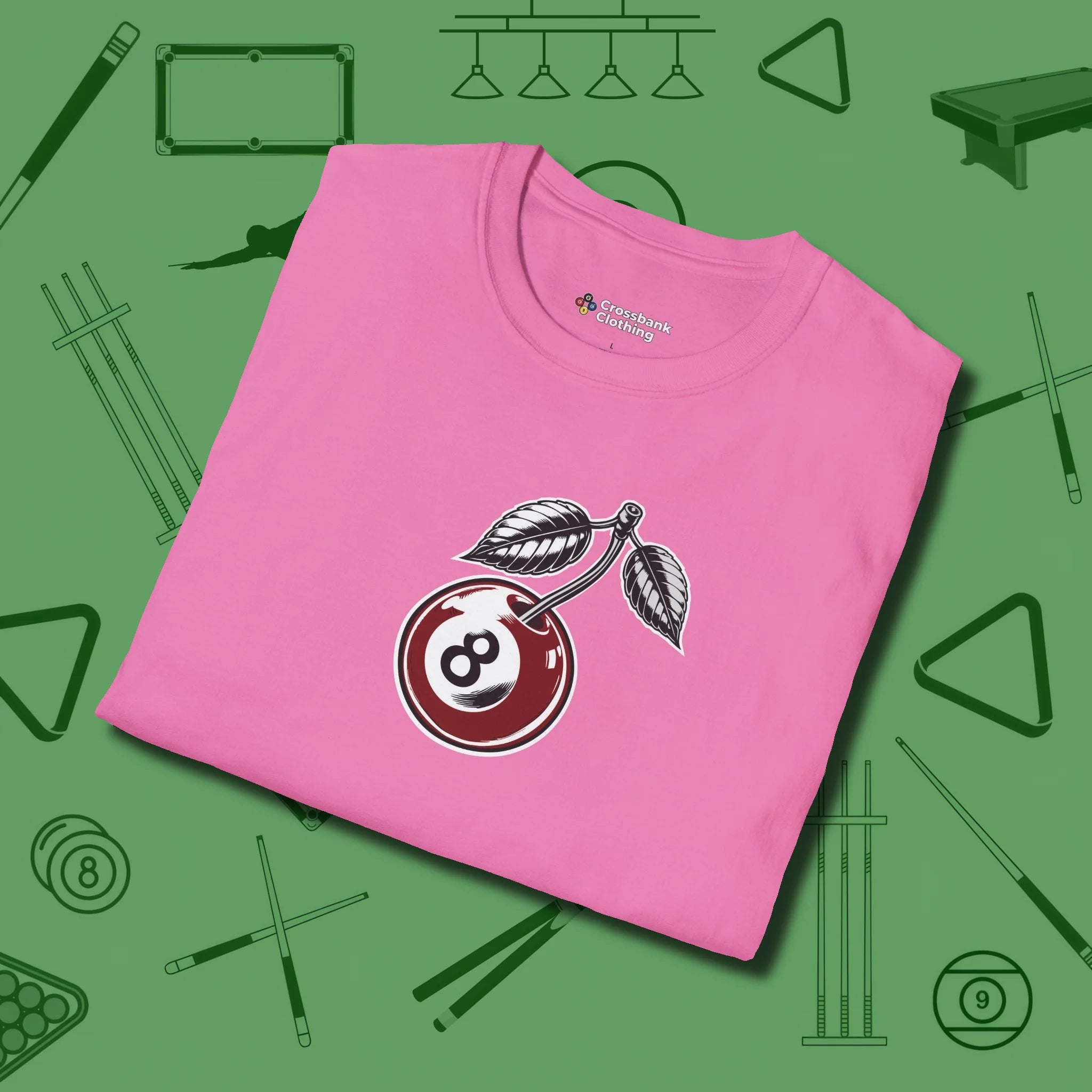 Cherry Eight Ball T-Shirt, folded view, in Azalea for players who live the game