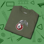 Cherry Eight Ball T-Shirt, folded view, in Military Green earns respect before the first shot