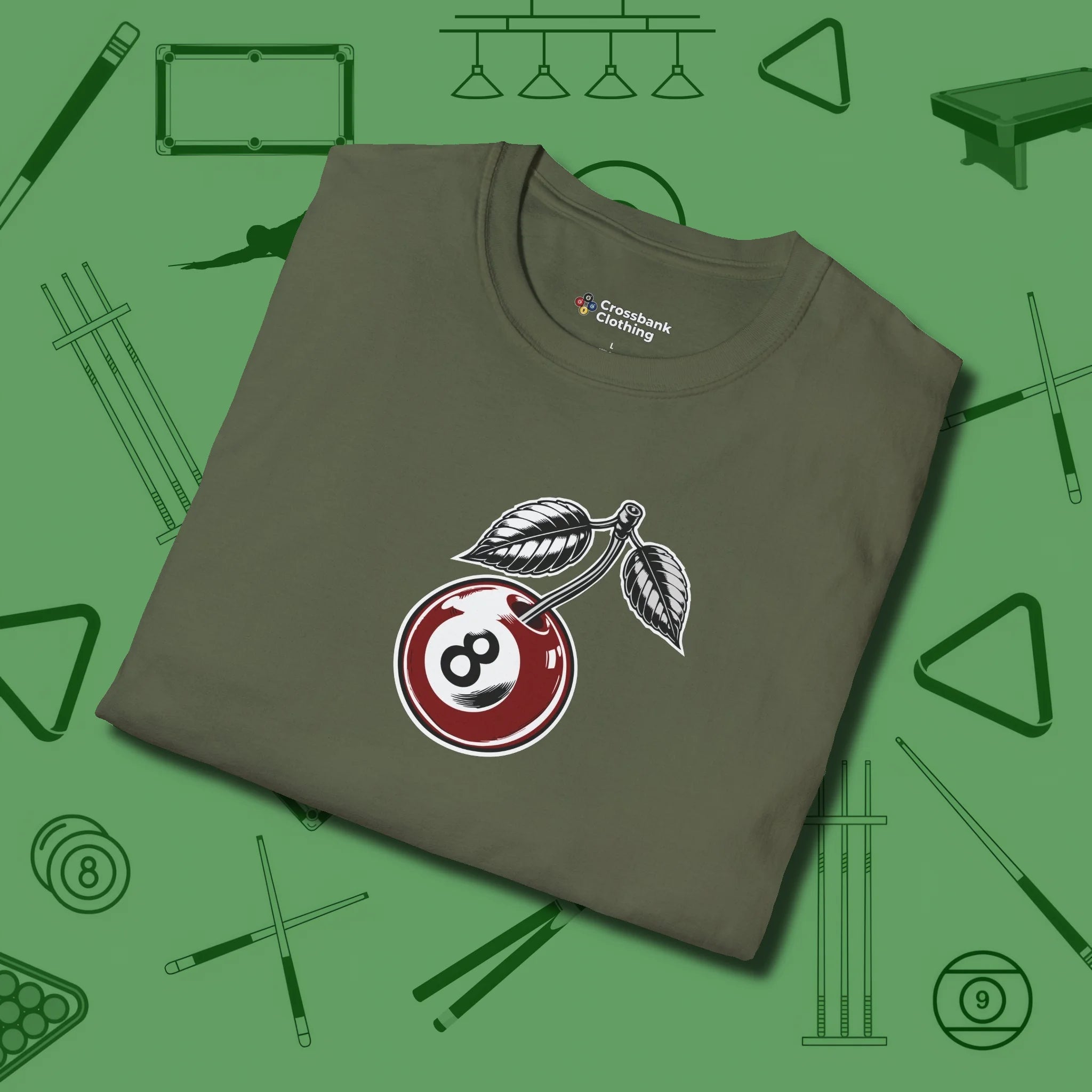 Cherry Eight Ball T-Shirt, folded view, in Military Green earns respect before the first shot