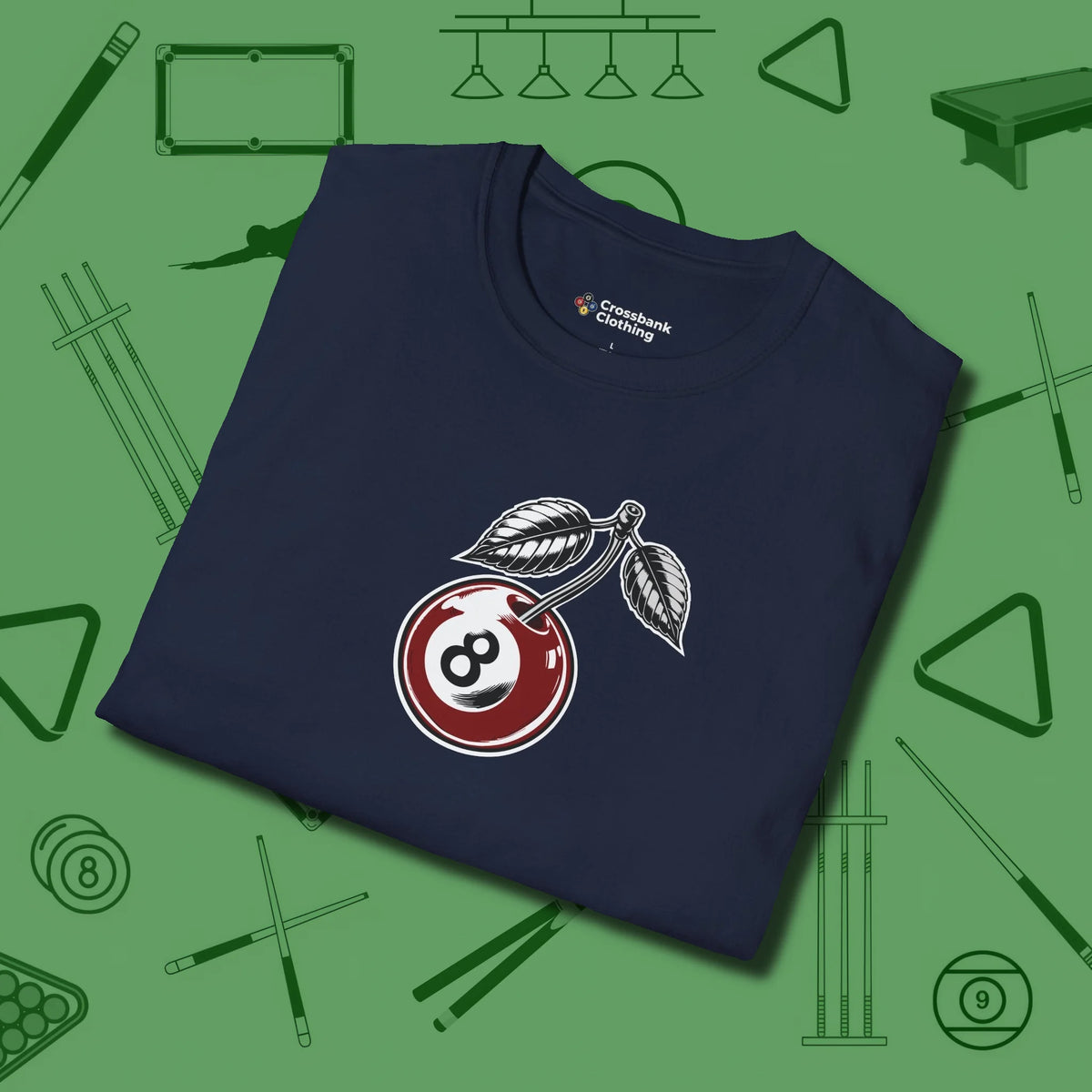 Cherry Eight Ball T-Shirt, folded view, in Navy what the real shooters wear