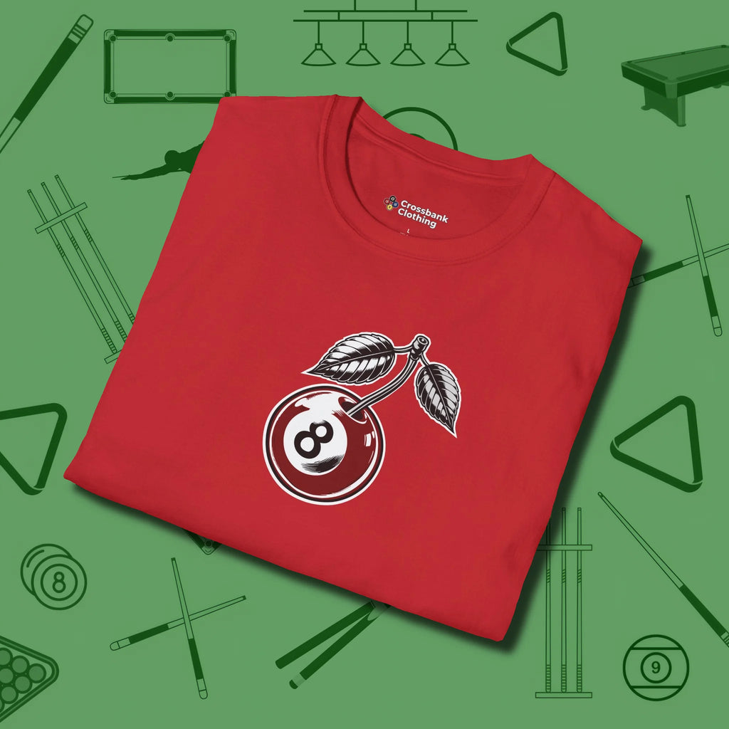 Cherry Eight Ball T-Shirt, folded view, in Red an extension of your pool persona